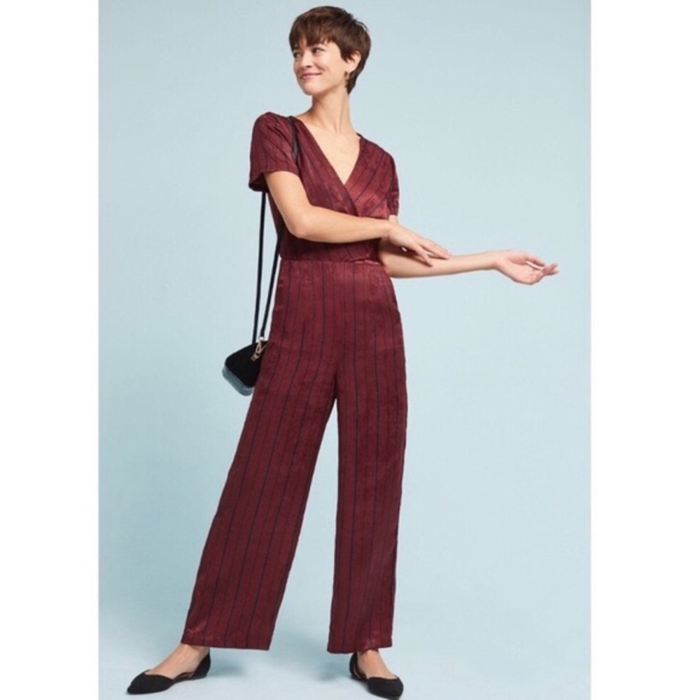 Anthropologie JOA Burgundy Striped Jumpsuit